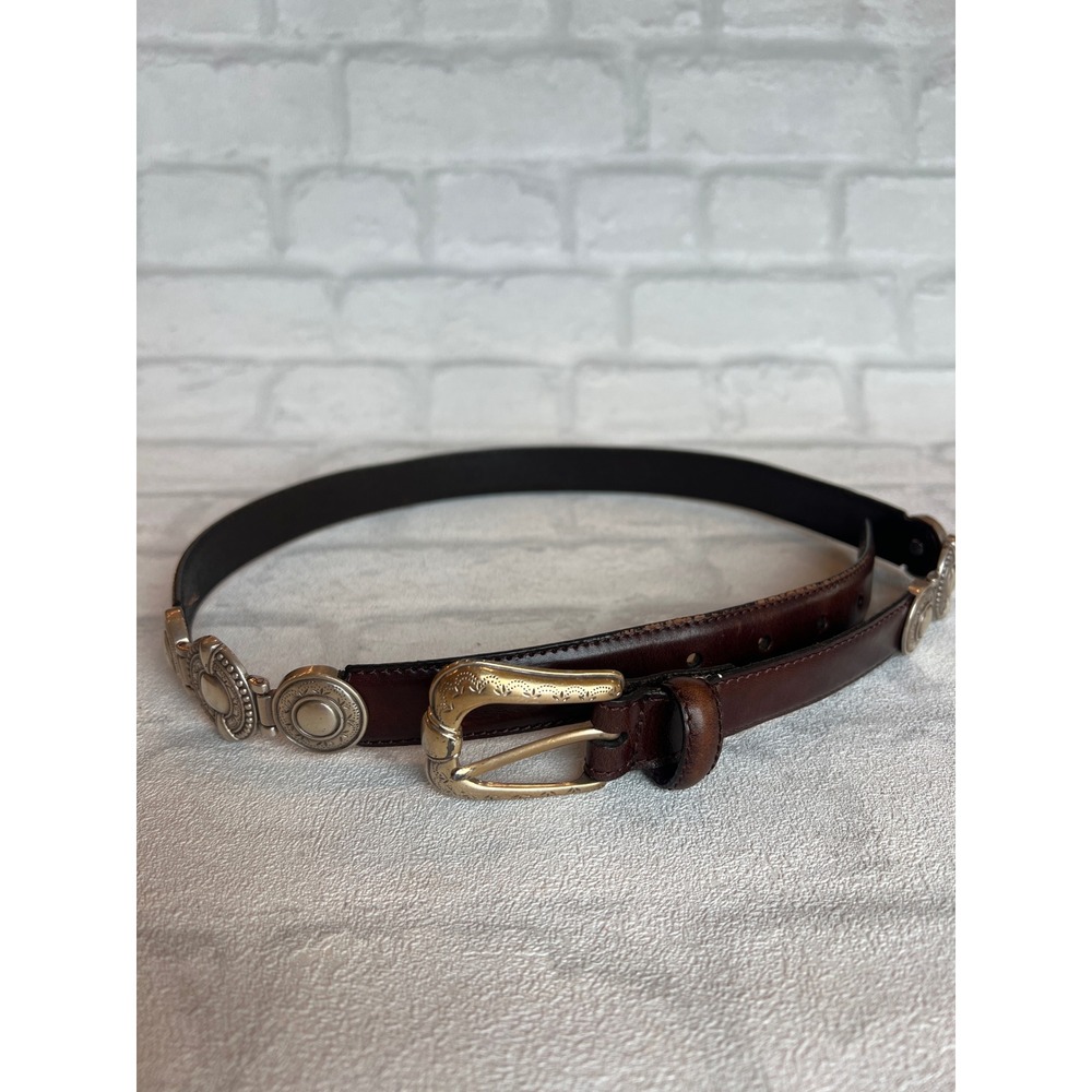 Fossil Womens Dark Brown Leather Western Concho Belt Silver Gold Tone Size L